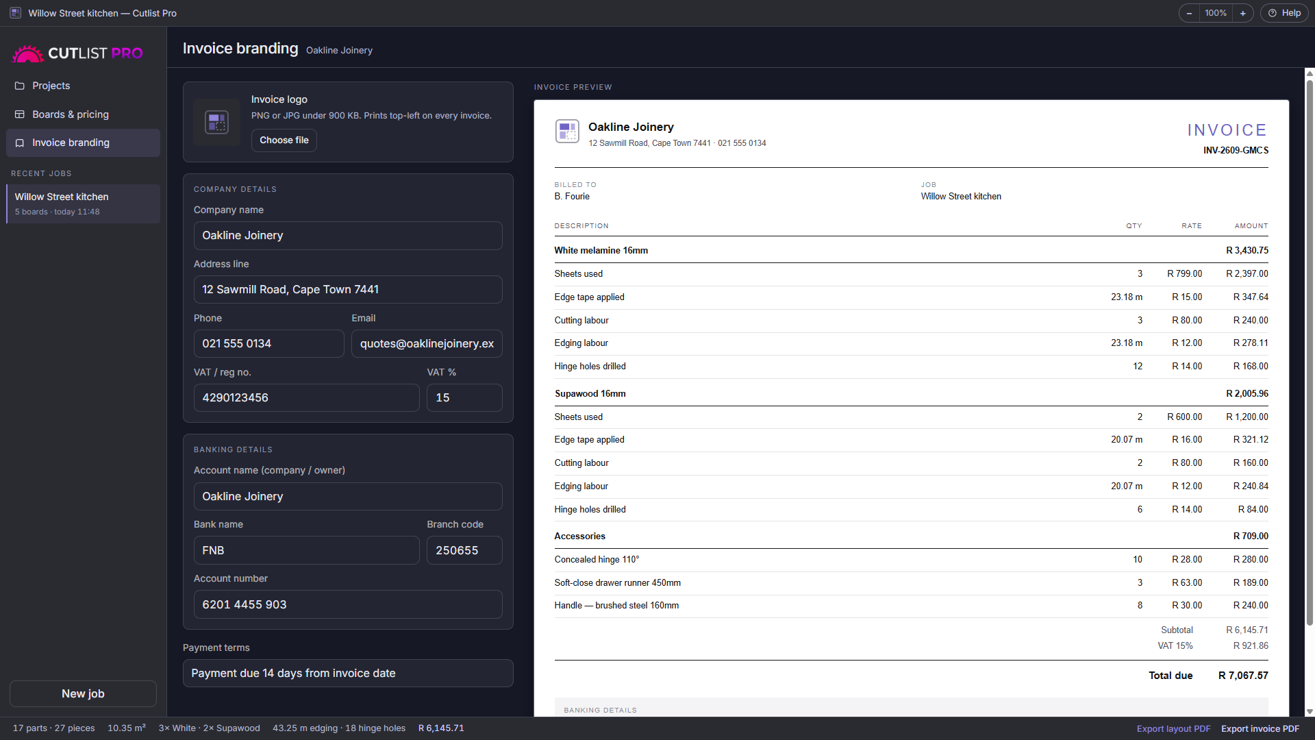 Invoice preview with company details, itemised boards, labour, accessories and VAT